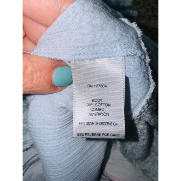 John Mark Boho Embroidered Peasant Top S Blue Off Shoulder Patchwork Ruffle Hem - Picture 7 of 8